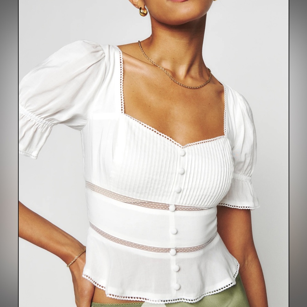 Reformation - White Puff Sleeve Ribbed Blouse (Daphne Top)